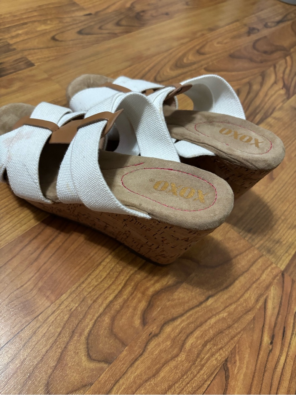 XOXO White Canvas Crisscross Cork Platform Wedge Sandals with Tan Accents - Picture 3 of 6